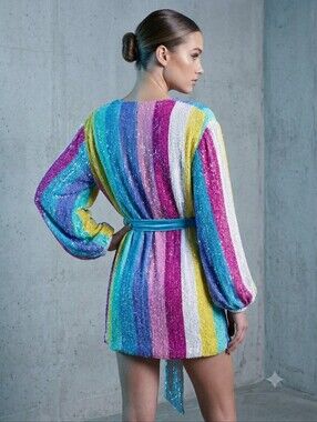 NWT Retrofête Gabrielle Sequin Robe Dress Rainbow Stripe Size M